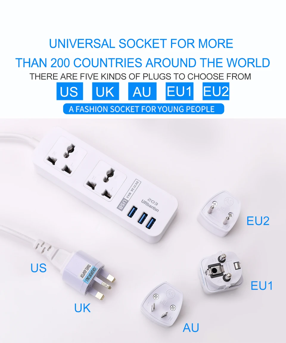 Urbantin 2AC розетки 3 USB выходы универсальный блок питания цветная умная Быстрая зарядка usb с адаптером EU AU UK US