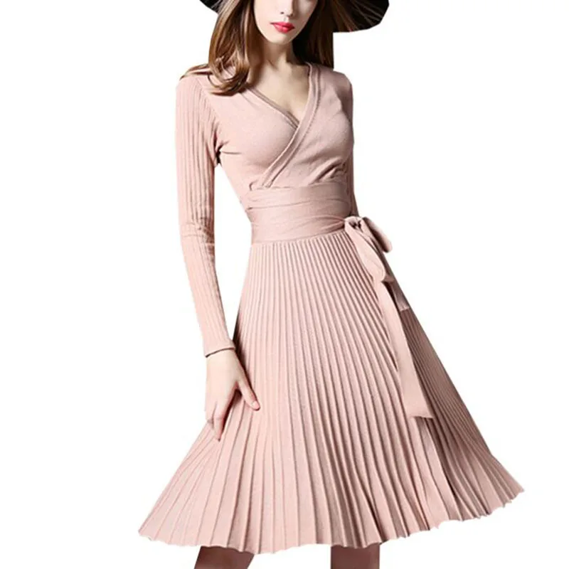 Autumn Winter Women Knitted Dress Sexy Elegant V Neck Slim Pleated