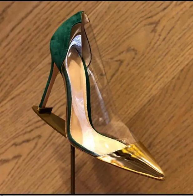 

New shallow mouth ink green color matching transparent film professional work shoes leather pointed stiletto women's high heels