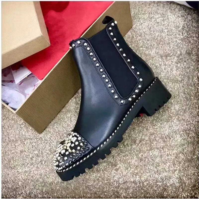 

Rivet Round Head Low With Chelsea Boots For Mens Ankle Boots Thick Heel Winter Motorcycle Boot Studded Spikes Ankle Boots Mens