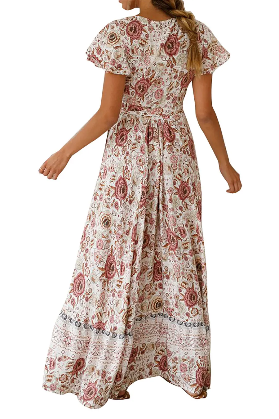 Gladiolus Bohemian Women Summer Dress Short Sleeve V Neck Floral Print Belt Tunic Split Sexy Beach Dresses Women 2019 Maxi Dress (45)