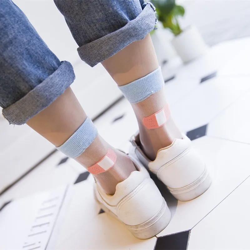 

2019 New Design Crystal band-aid Transparent Socks Japanese Style Cute Fashion Summer College Wind Patchwork Casual Women Socks