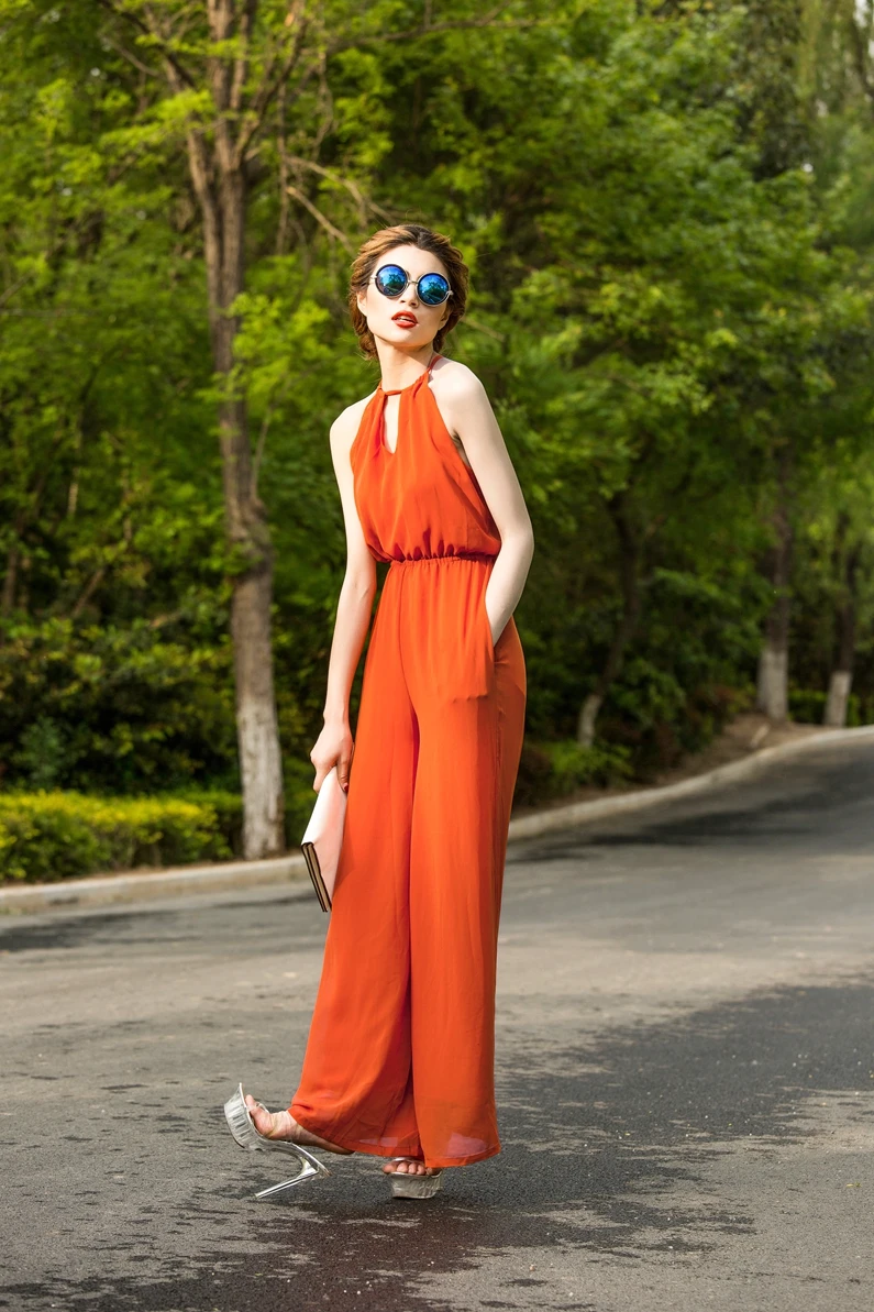 Комбинезон для Для женщин Летний комбинезон для вечеринки комбинезон шифон чешские элегантное оранжевое платье полной длины Боди большой размер 3XL 4XL