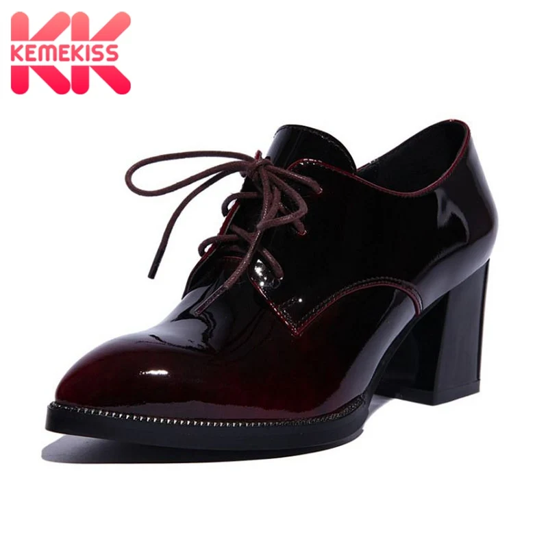 

KemeKiss Office Lady Real Genuine Leather High Heel Shoes Lace Up Pointed Toe Thick Heel Pumps Party Fashion Shoes Size 33-43