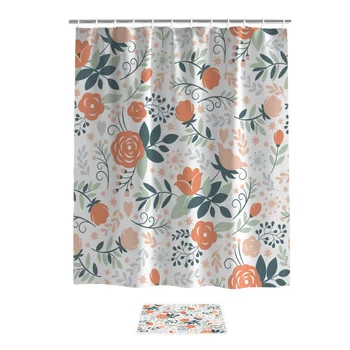 

Beautiful Flower Patterns Bright Green Leaves Shower Curtain Bath Sets With Rugs Shower Curtain Doormat Sets Shower Curtain Sets