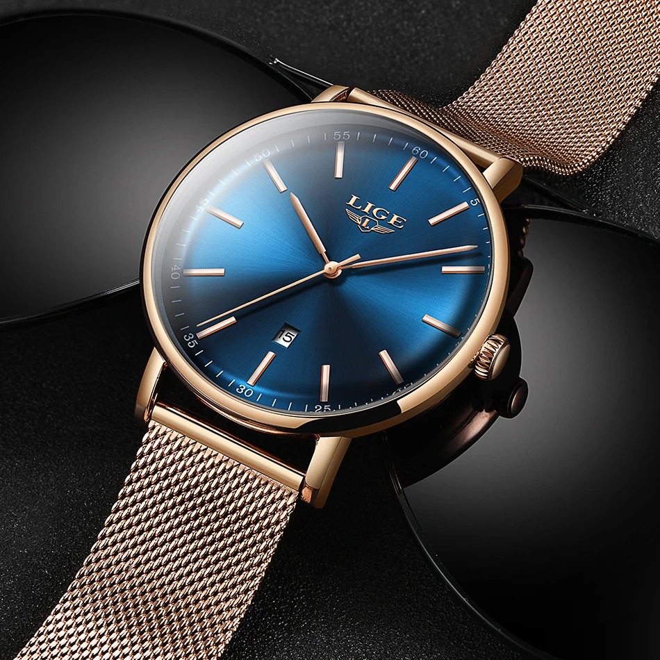 LIGE женские часы из нержавеющей стали с сетчатым ремешком водонепроницаемые часы простые 8 мм ультра-тонкие кварцевые часы наручные часы для женщин+ коробка