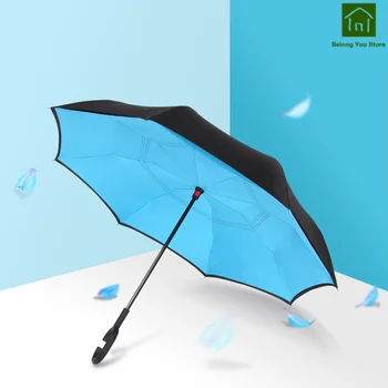 

Creative Long Handle Reverse Umbrella Double Layer Women Umbrella Rain Men Parasolki Damskie Poncho Zont Shade Supplies QKV033