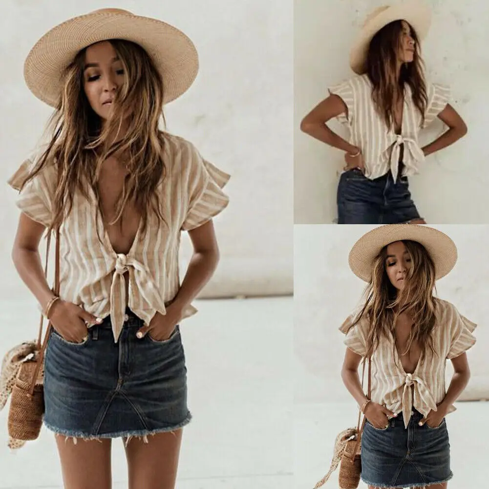 

Hirigin Women Loose Short Sleeve Bandage Cotton V Neck Striped Ruffles Casual t Shirt Tops Summer T-shirt