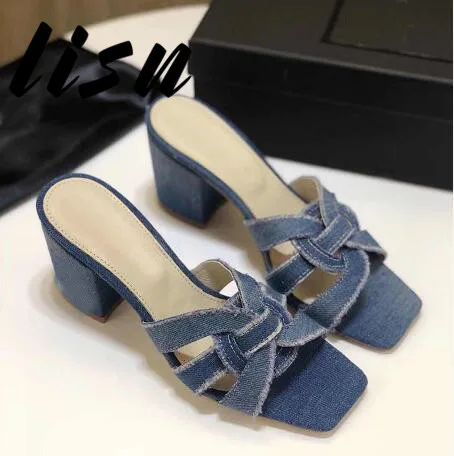 

LISN New Brand Designer Genuine Leather Beige Black Summer Slippers Open Toe Thick Heel HIgh Heel Slippers Shoes Women