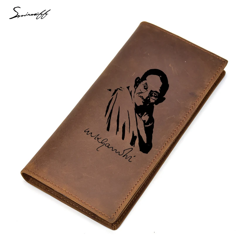 

Men Long Wallet Zip Phone Pocket Multi Card Holders Purses Engraved The father of India Mahatma Gandhi Cow Leather Wallet Male