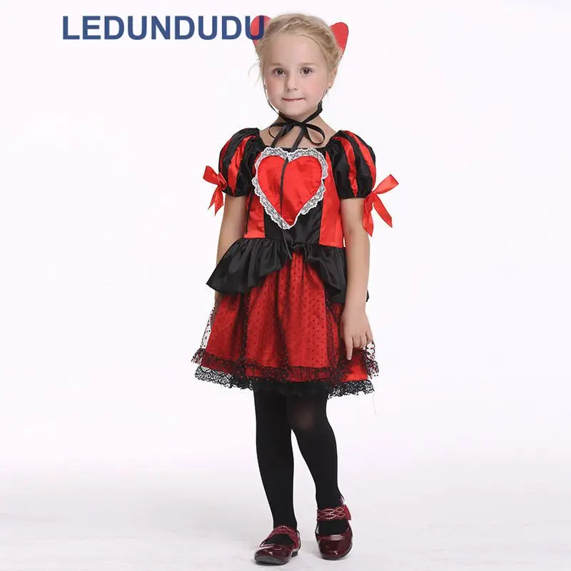 Queen Of Hearts Cosplay Costume for Kids Girls Princess Dress Children Halloween Fancy Party Suit (6)