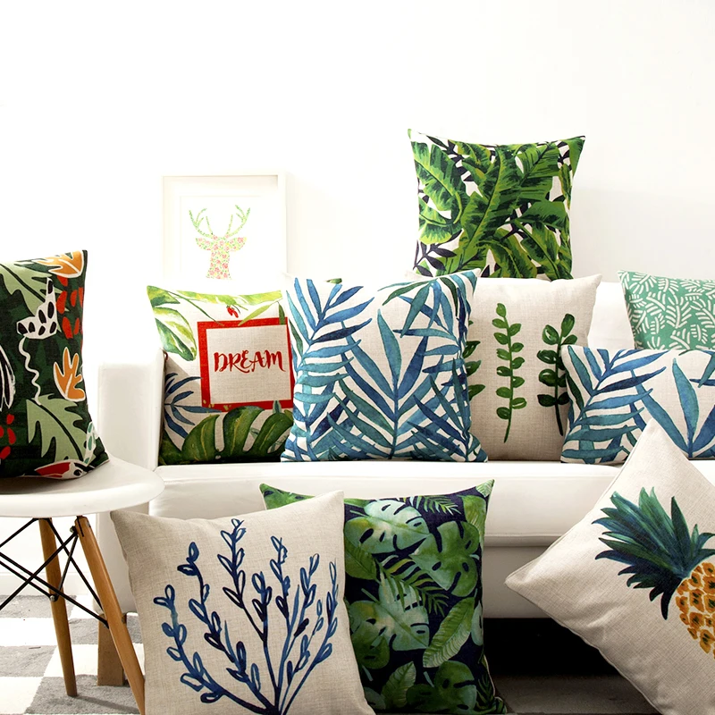 Декоративные подушки в скандинавском стиле, пасторальный простой зеленый Растительный хлопок, льняная наволочка для дивана, домашний декор, capa almofadas
