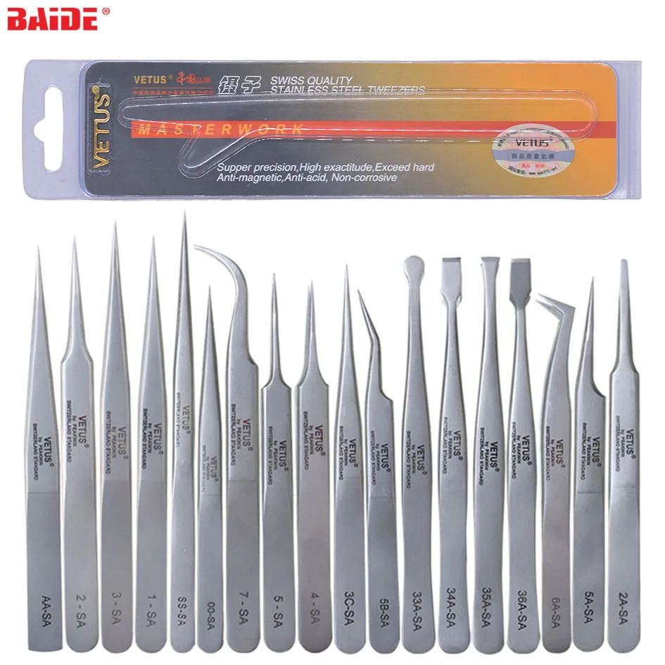 

100% Original VETUS SA Tweezers SS- 00- AA- 1- 3- 3C- 27- 5A- 5B- 6A- 7- 2- 4- 5- 2A -SA Eyelash Grade Forceps Pinça 40pcs/lot