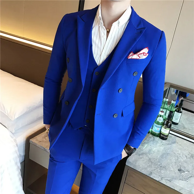 ( Jacket + Vest + Pants ) New Mens Fashion Solid Color Formal Business Double-breasted Suit 3 Set / Groom Wedding Dress Suits ( Jacket + Vest + Pants ) New Mens Fashion Solid Color Formal Business Double-breasted Suit 3 Set / Groom Wedding Dress Suits