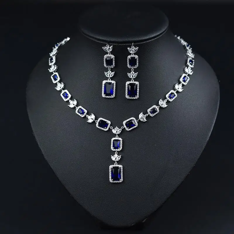 HIBRIDE New Arrival Water Drop Clear Cubic Zirconia Nigerian Jewelry Sets Women Bridal Square Shape Necklace Earring Set N-1047 - Окраска металла: blue