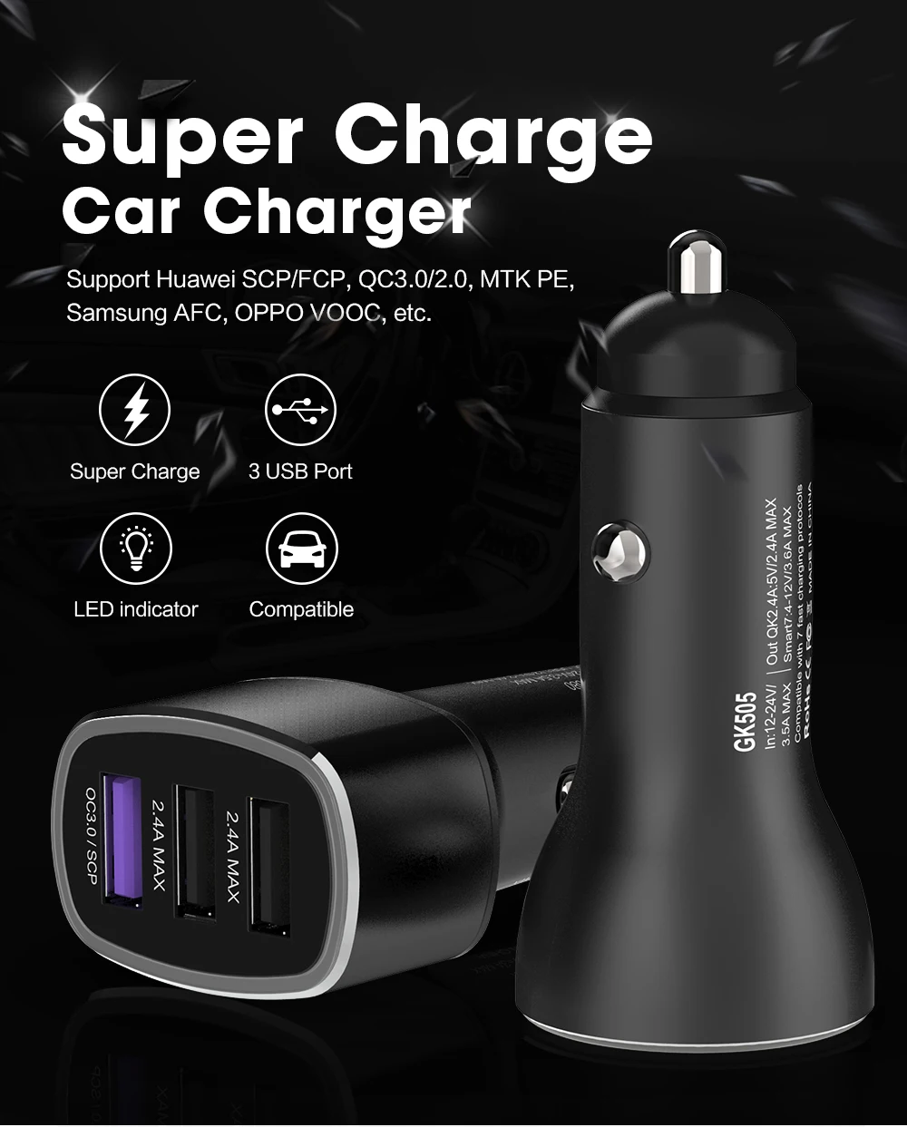 QC3.0 Supercharge автомобильное зарядное устройство с двумя usb-портами автомобильное зарядное устройство для быстрой зарядки для huawei P9 P10 Plus P20 Pro