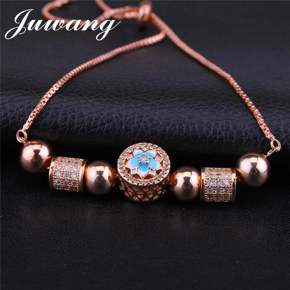JUWANG 2018 New Flower Beads Charm Bracelets & Bangles for Woman Girl Rose Gold Color Cubic Zircons Bracelets Fashion Jewelry Fashion Jewelry
