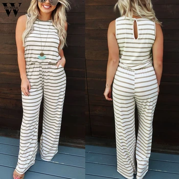 

Womail bodysuit Women fashion Summer Striped Sleeveless Long Jumpsuit Loose Clubwear Pocket Wide Leg Jumpsuit Casual 2019 M530