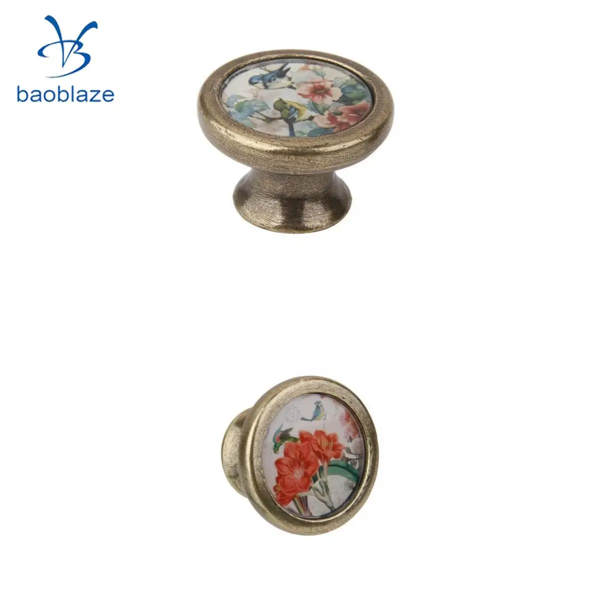 2pcs Vintage Brass Door Knob Cabinet Cupboard Drawer Dresser Pulls Handle Knob with Screws - Flower Bird