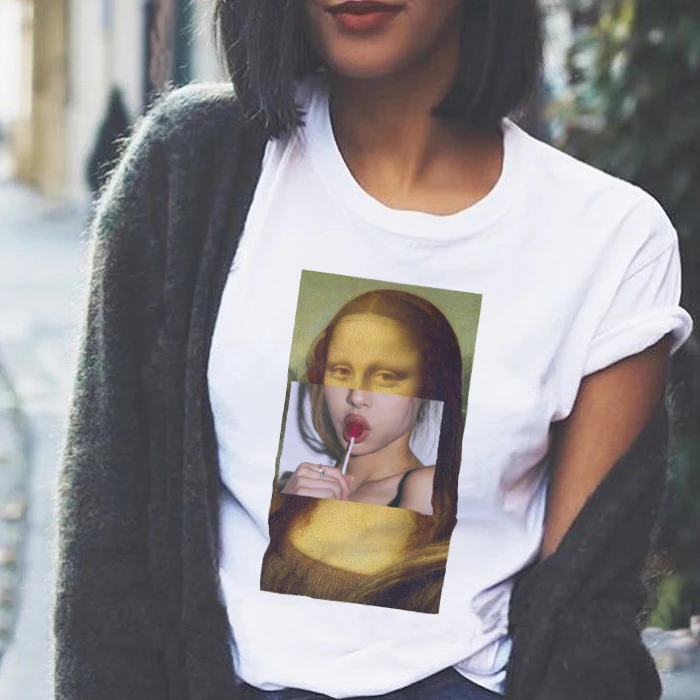 

Funny Mona Lisa Print T-shirt Harajuku 2019 Summer Short Sleeve Thin Aesthetic Clothes Korean Fashion Streetwear Vogue Tees Tops