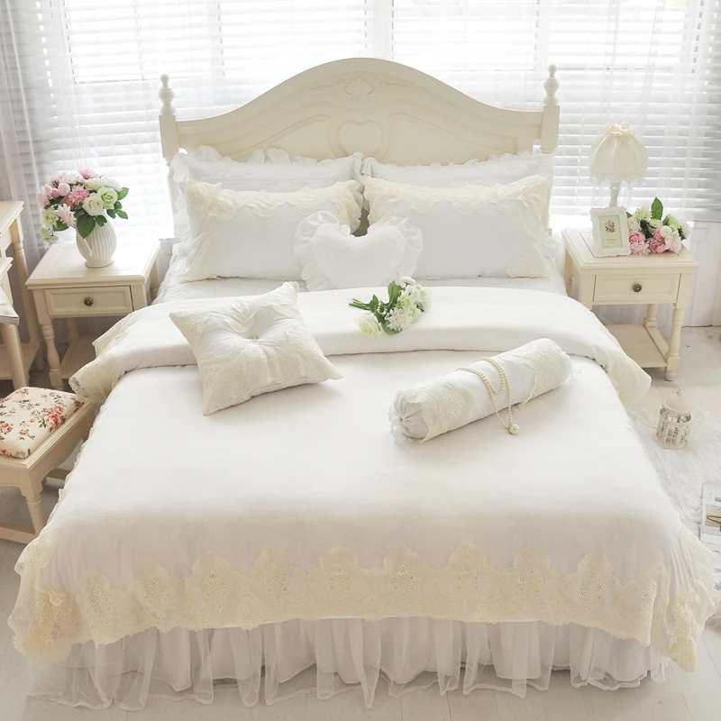 

Luxury White Lace bedding set silk cotton soft bedclothes girls kids twin queen king size bed skirt set duvet cover pillowcases