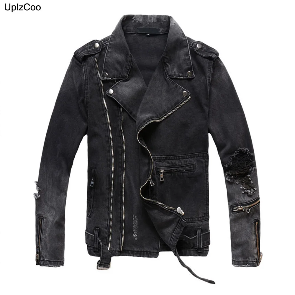 

UplzCoo Fashion Hi Street Men‘s Ripped Denim Jacket With Multi Zippers Streetwear Distressed Motorcycle Biker Jeans jacket OF003