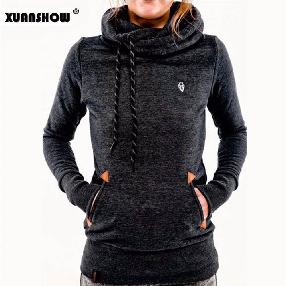 XUANSHOW خريف شتاء إمرأة الأزياء Fleeces هوديس التطريز جيب سيدة بلوزات مقنعين عارضة تراكسويت البلوز القمم