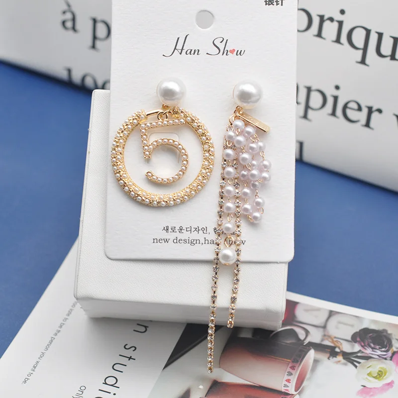 

SHIFFEL 2019 New S925 Ear Pin Big Pearls Lucky Number 5 Long Rhinestone Tassels Asymmetry Drop Earrings