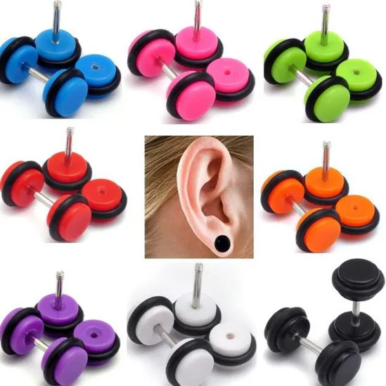 

1 pair 8mm Acrylic Fake Ear Plug Mixed Transparent/Solid Barbell False Tunnel Stretcher Earrings Stud Gauges Taper Piercing