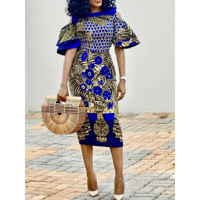 

Off Shoulder Party Bodycon Dress Elegant Evening Women Ethnic Floral Color Print Stylish Ruffle Summer 2019 Sexy African Dresses