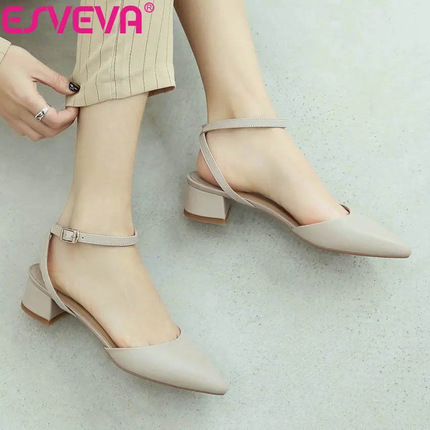 

ESVEVA 2019 Women Pumps Ankle Strap Shoes Square Med Heel Sandals Spring Slingback Women Shoes Buckle Pointed Toe Size 34-39