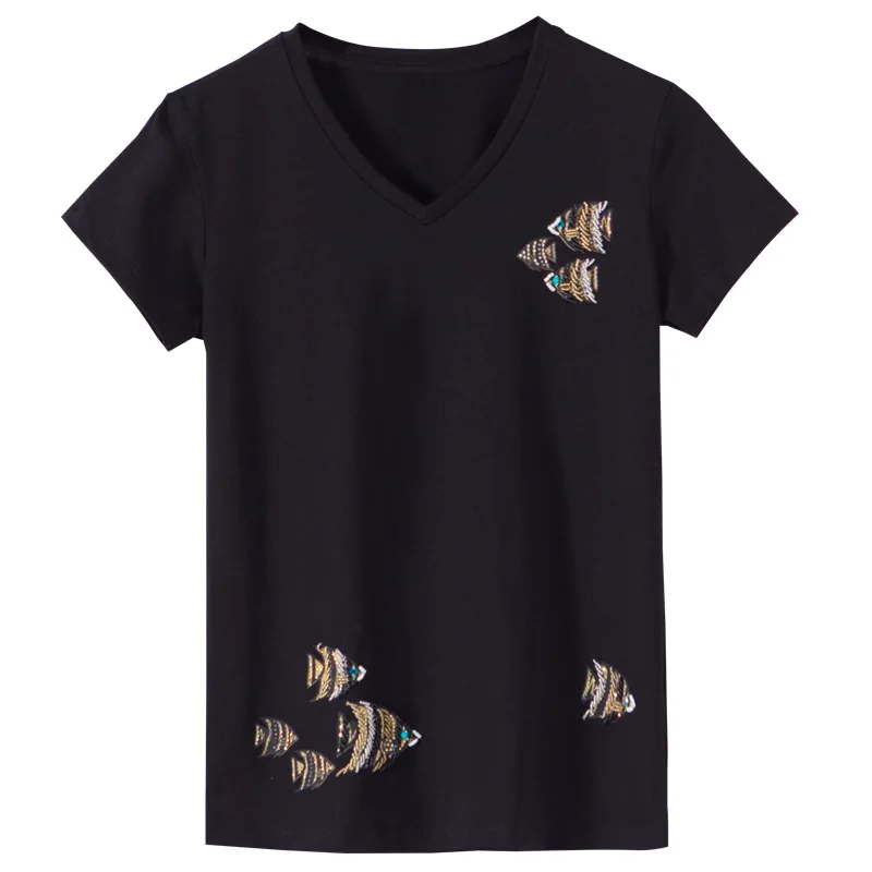 

2018 Summer T shirt women fahion beaded diamond cartoon fish Printing V Neck harajuku Short Sleeves T-shirts Tops Tee