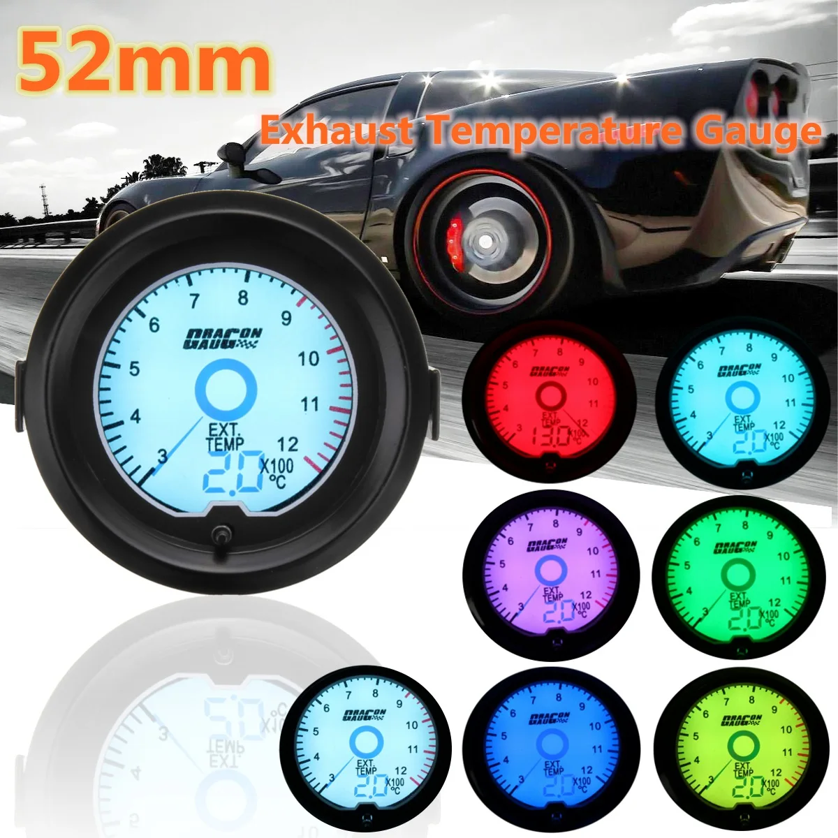 

2" 52mm Car Universal LED Exhaust Temperature Gauge EXT TEMP Gauge 7 Color Digital Dual Display
