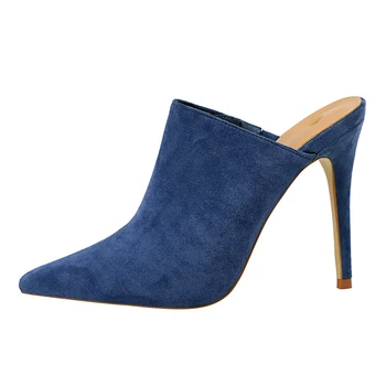 

2019 Summer Women Fashion 11cm High Heels Slides Female Green Sexy Blue Mule Slippers Lady Stiletto Scarpins Sandals Shoes