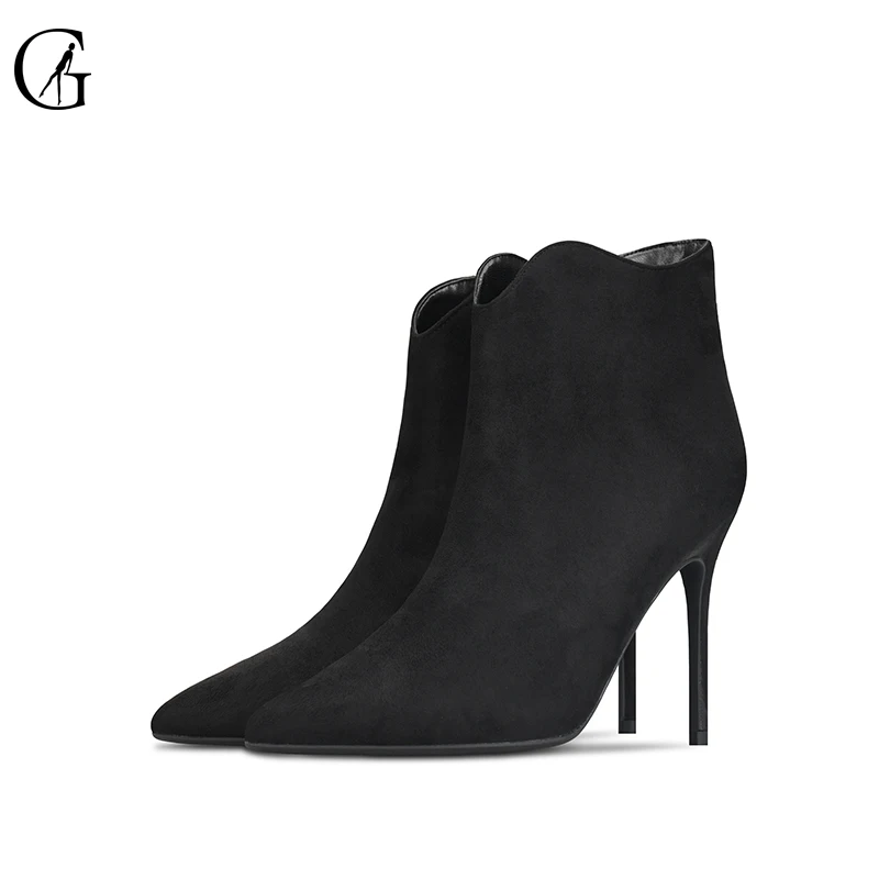 

GOXEOU Women's Ankle Boots Flock Black Camel Grey Wine Red Pointed Toe Wavy Lace Thin Heels Party Fashion Lady Shoes Size 32-46