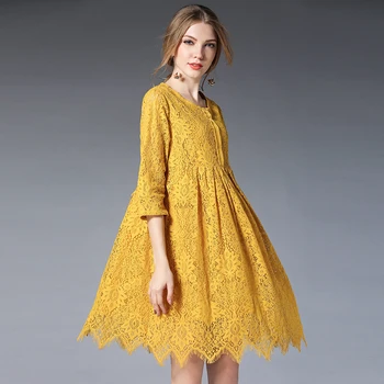 

4XL Women Lace Dress Plus Size Spring Summer 2018 New Woman half Sleeve Yellow Sexy Casual Loose Party Dress Oversize Dresses