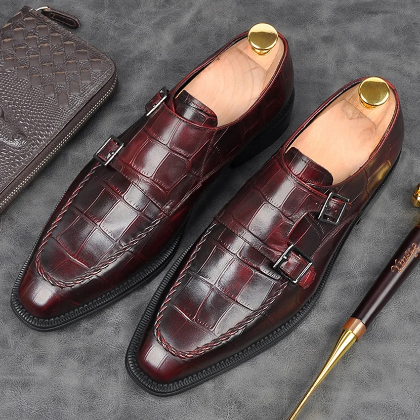 

High Quality Pattern Formal Dress Men's Monk Straps Shoes Genuine Leather Pointed Toe Goodyear Wedding Party Footwear AM101