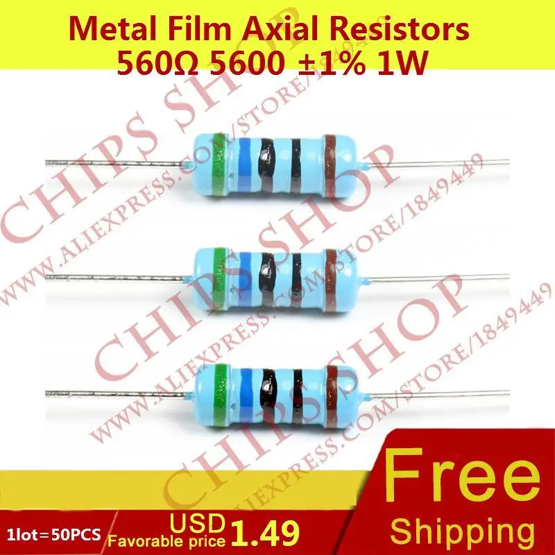 1LOT=50PCS Metal Film Axial Resistors 560ohm 5600 1 1W Wattage1W passive componentspassive