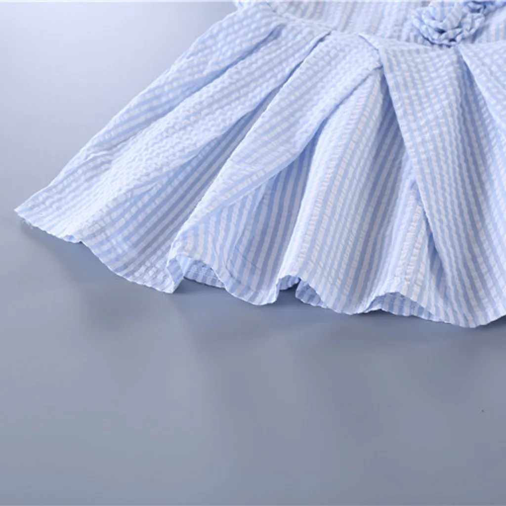 Милое Новое модное Полосатое плиссированное платье с цветочным принтом для маленьких девочек, летнее платье,,, Z4