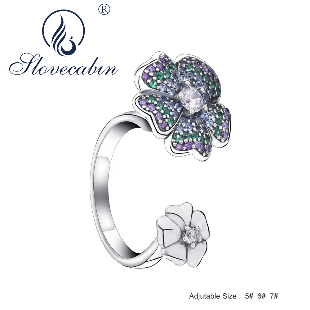 

Slovecabin 925 Sterling Silver 2018 Spring Glorious Blooms Ring Multi-Colour Cubic Zircon Flower Available Size Adjutable Ring