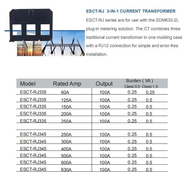 ESCT-RJ335 Series 3-в-1 трансформатор тока, 60A~ 250A Вход, 100mV или 333mV Выход CTs