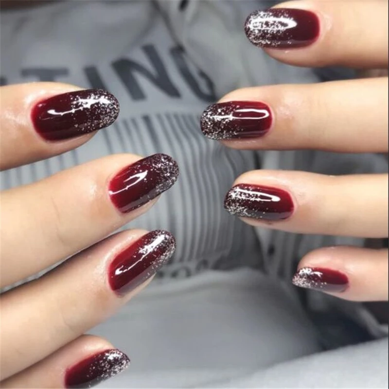 24pcs Set Pretty Wine Red Bride Nail Art Tool Middle Long Round Head Full Cover Nail Tips Women Nail Decor Glitter False Nails False Nails Aliexpress
