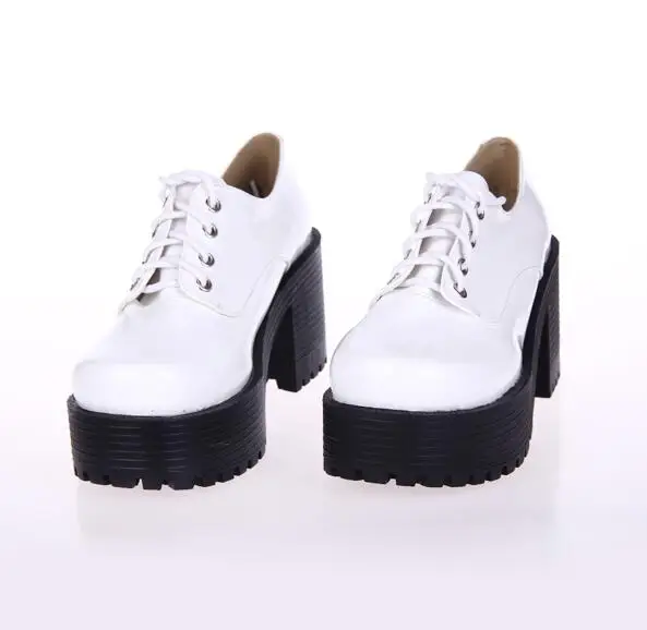 White Punk Lace up Oxfords Vegan Leather with Short Block Heel and Chunky Treaded Soles