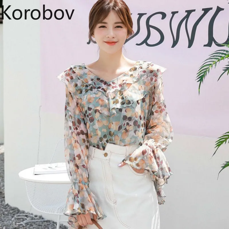 

Korobov 2019 New Arrival Vintage Print Women Blouses Summer V Neck Female Chiffon Shirts Flare Long Sleeve Korean Top 77776