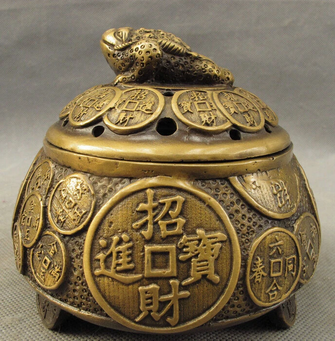 

Chinese Bronze Zhao Cai Wealth Coin Hoptoad Toad Statue Incense Burner Censer
