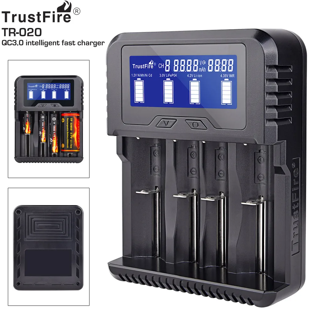 

QC3.0 USB Intelligent Fast Battery Charger with Phone Input Port Capacity Voltage Temperature LED Display for 14500 18650 26650