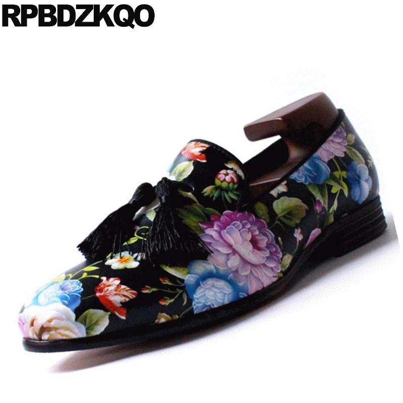 Fleur Vintage Cuir Imprimé Hommes Floral Taille Glissement Sur Flower Mocassins Haute Grande Caoutchouc Semelle Véritable Gland En Qualité Chaussures Luxe De S44dpA