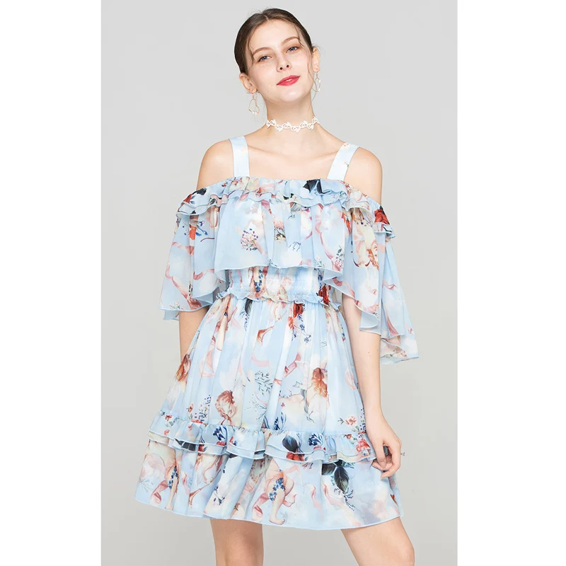 woman clothes women dress summer 2018 angel print blue chiffon dress wide shoulder straps cold shoulder open back ruffle dress