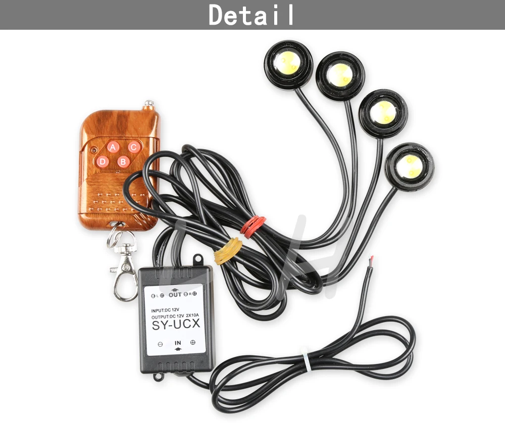 

DRL 4*1.5W Car Strobe Flash Eagle Eye Running Light with Remote Control Reverse Backup Stop Daytime DRL 12V