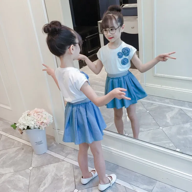 Girls Clothing Sets New Summer O-Neck White Tops + Blue Skirt Kids Clothing Sets For Children Clothes